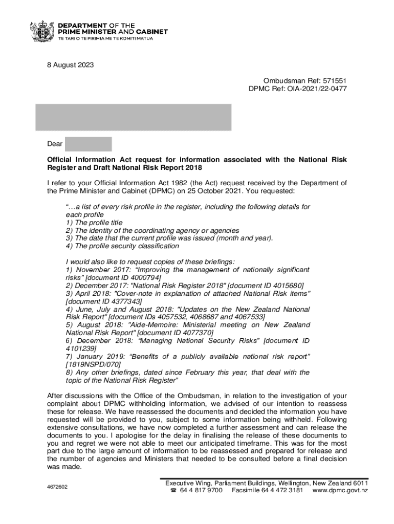 Fillable Online National Risk Register a Official Information Act