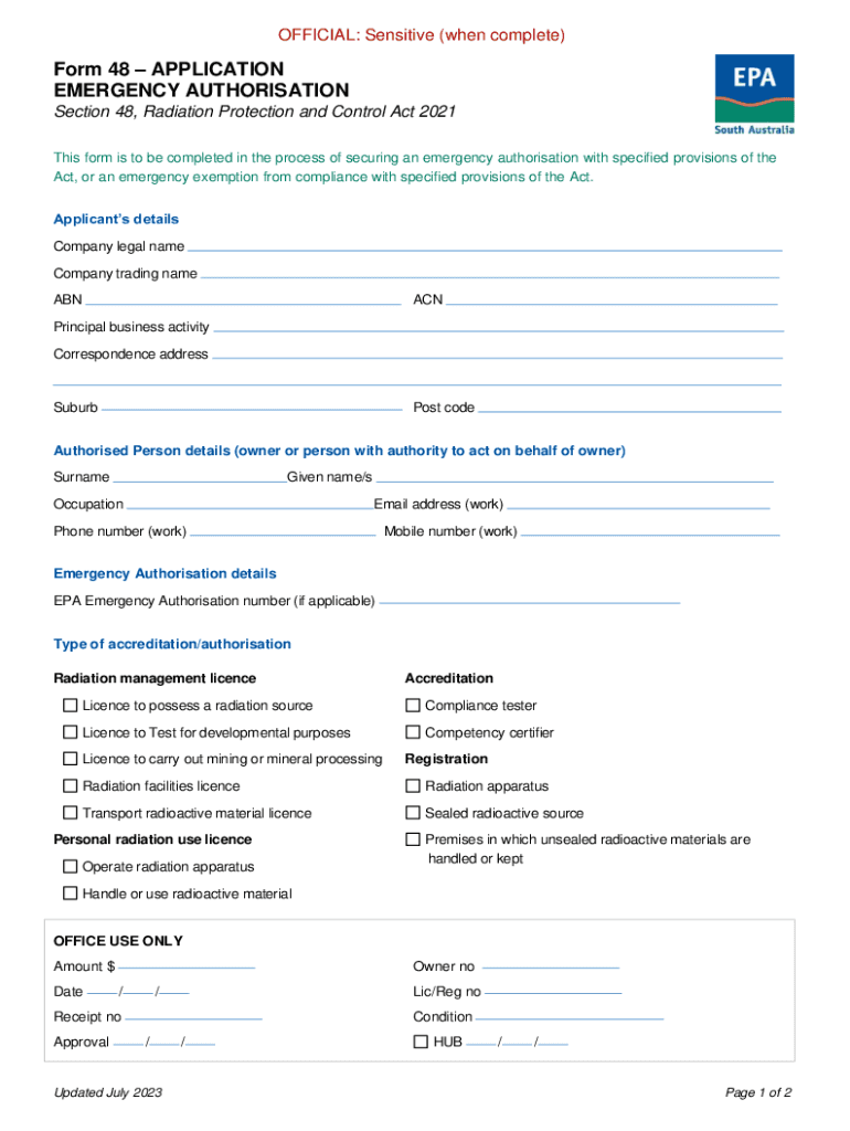 Fillable Online Emergency authorisation (Form 48). radiation health Fax