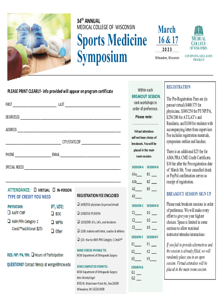 Fillable Online 45th Annual University of Wisconsin Sports Medicine ...