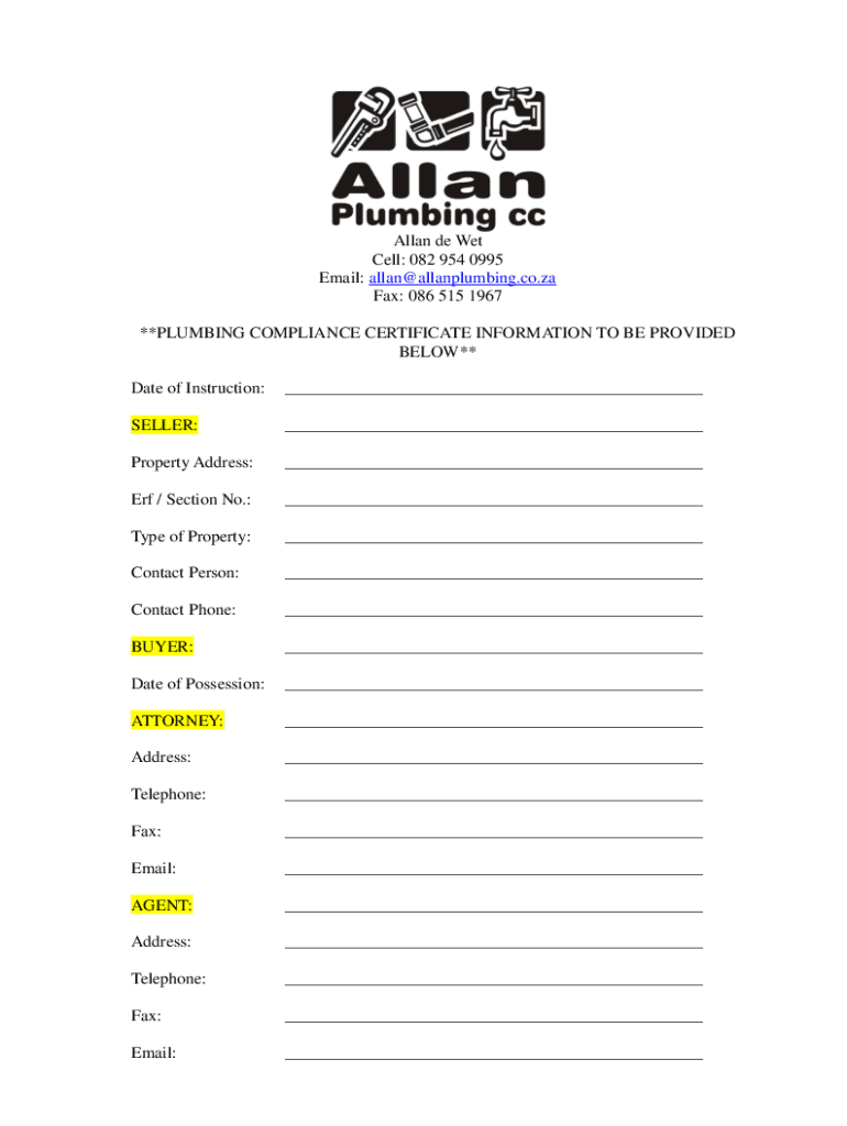 Fillable Online Plumbing Compliance Certificates Obligations and common ...