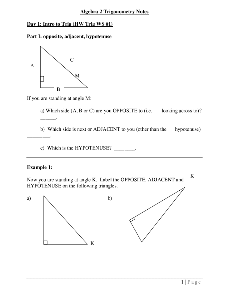 Fillable Online 1 Page Algebra 2 Trigonometry Notes Day 1: Intro to ...