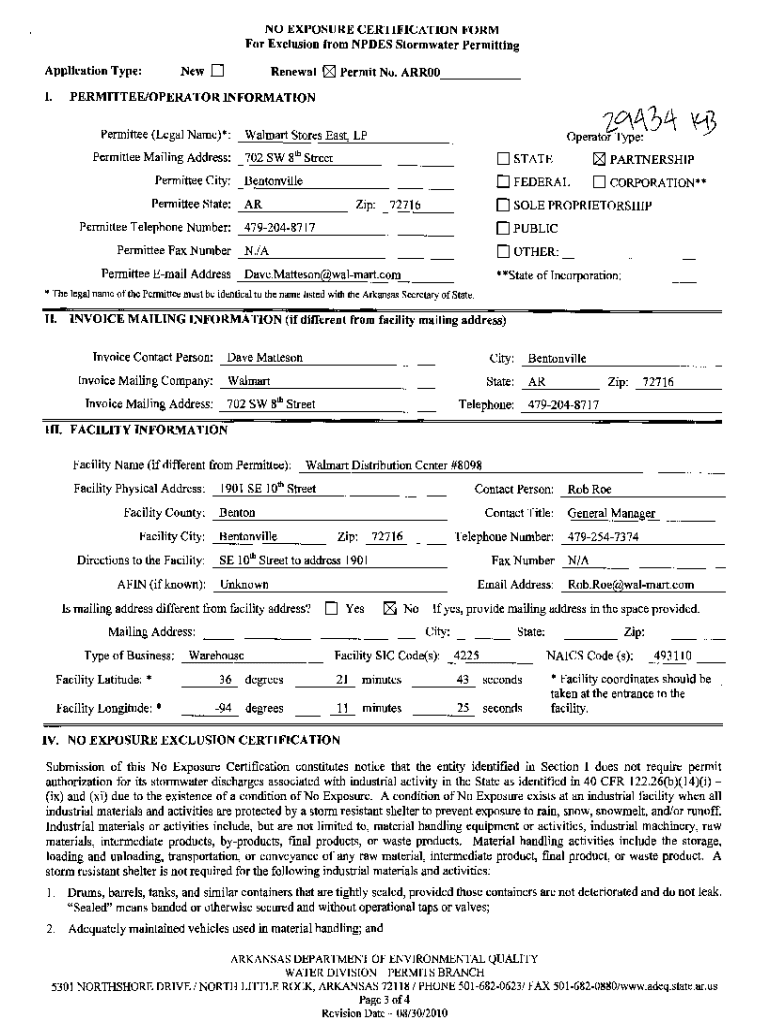 Fillable Online No Exposure Certification for Exclusion from NDPDES