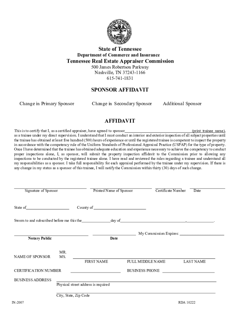 Fillable Online Real Estate Appraiser Commission Sponsorship Affidavit