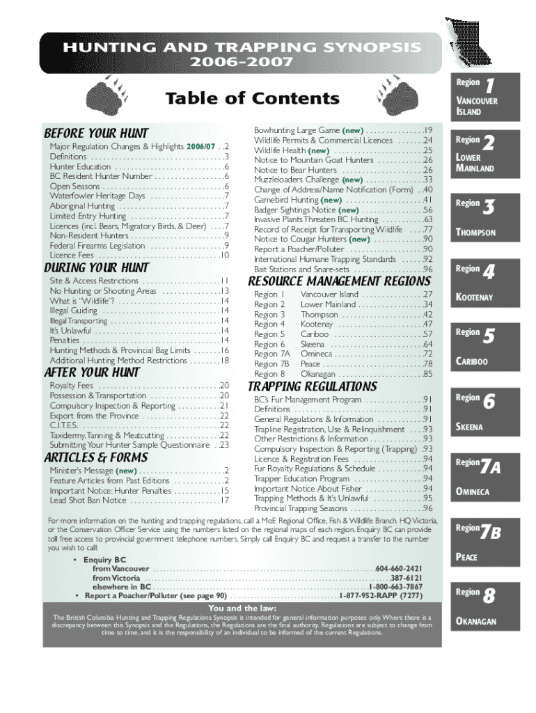 Fillable Online a100 gov bc Hunting & Trapping Regulations Synopsis Fax Email Print pdfFiller