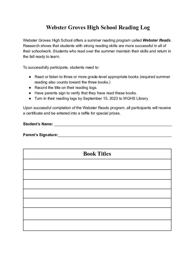 Fillable Online Webster Groves High School Reading Log Fax Email Print ...