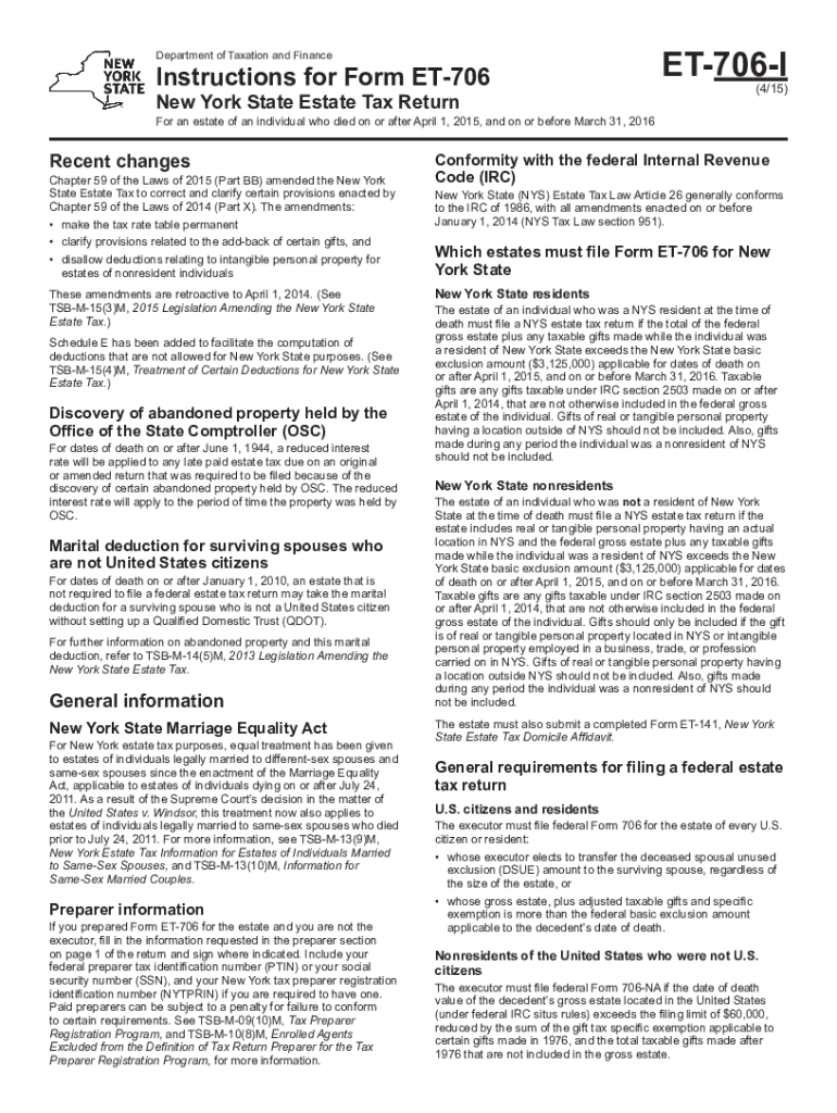 Fillable Online NYS Form ET706, New York State Estate Tax Return Fax Email Print pdfFiller