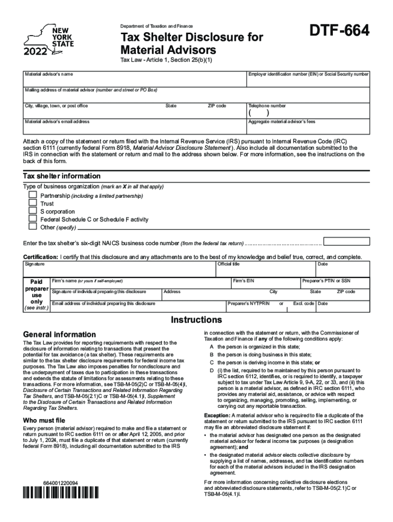 Form DTF-664 Tax Shelter Disclosure for Material Advisors Tax Year 2022 Preview on Page 1