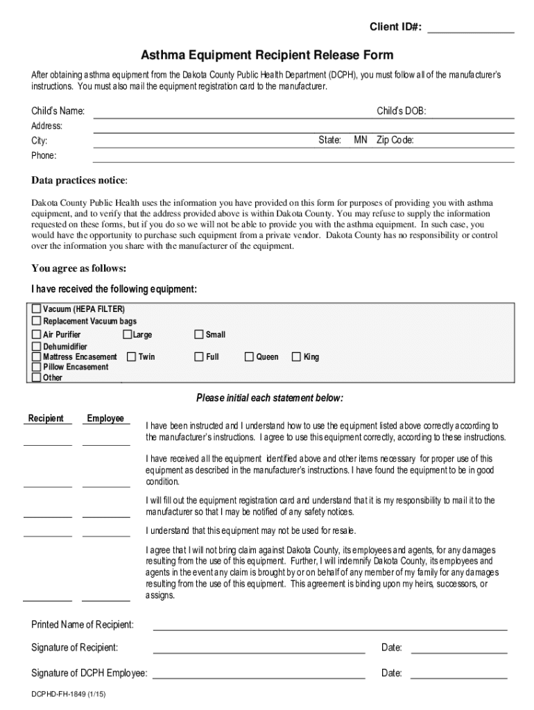 Fillable Online Dakota County Public Health Asthma Equipment Recipient