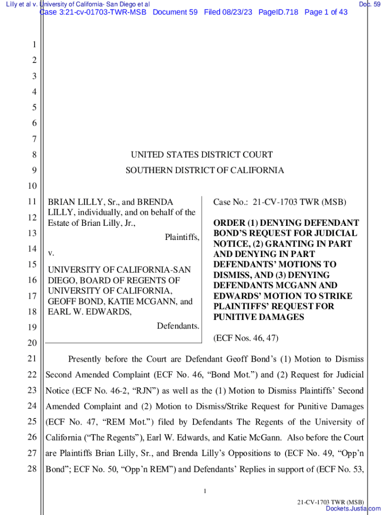 Fillable Online ORDER (1) Denying Defendant Bond's Request for Judicial ...