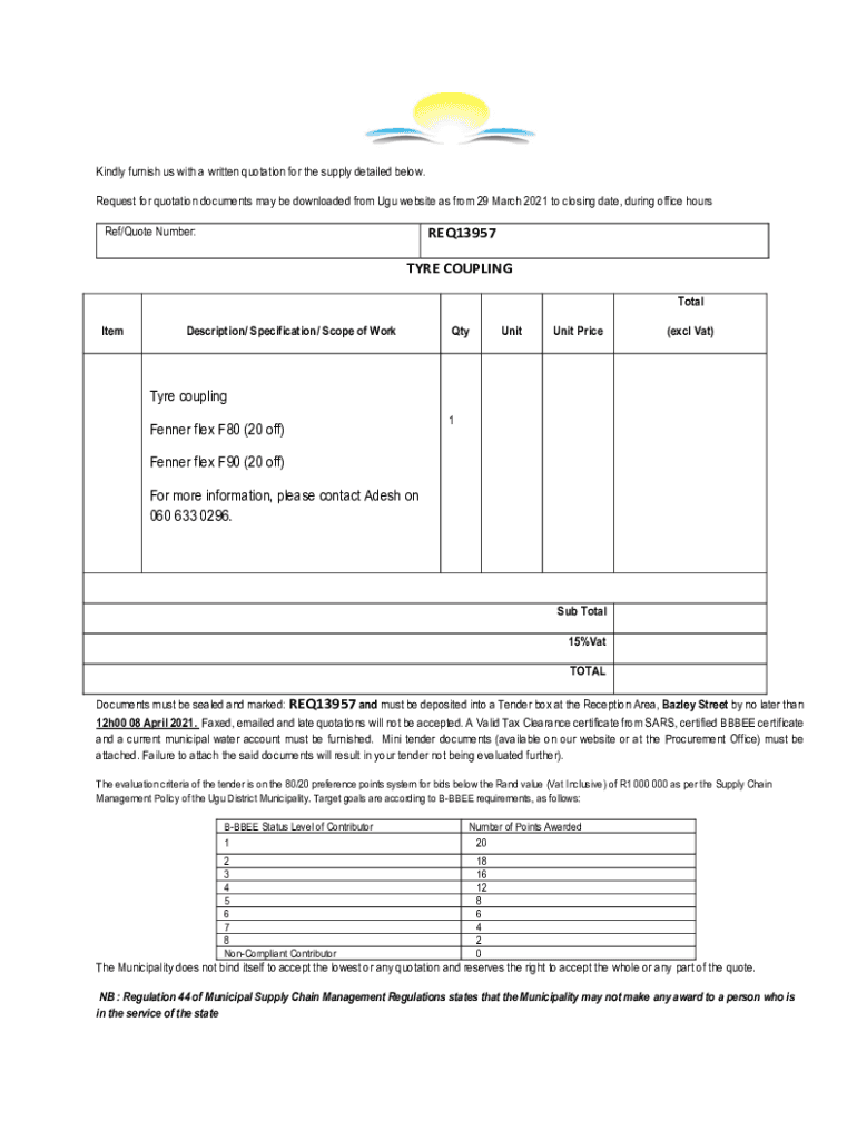 Fillable Online ugu gov REQ13957 TYRE COUPLING Tyre coupling Fenner