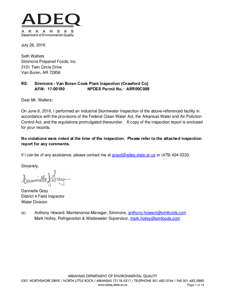 Fillable Online Simmons Van Buren Cook Plant Inspection (Sebastian Co