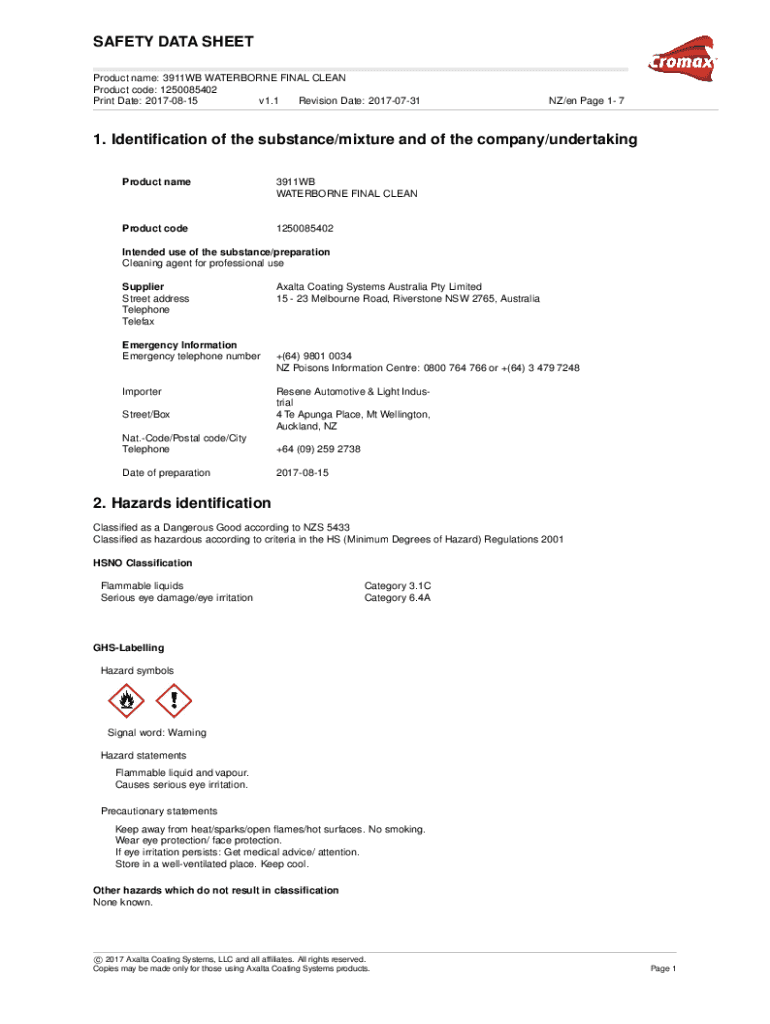 Fillable Online Safety Data Sheet. WB DEGREASER 3911WB FINAL CLEAN Fax