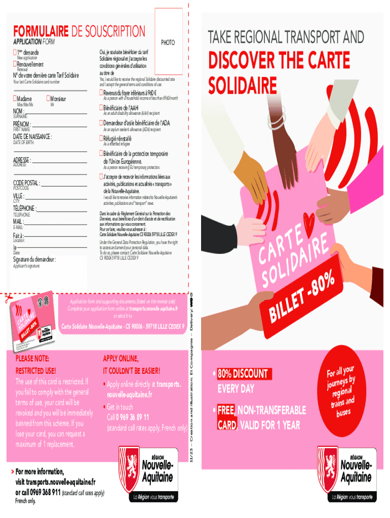 Fillable Online La Carte Solidaire pour les transports en Nouvelle ...