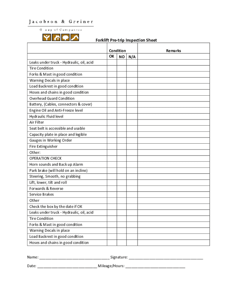 Forklift Pre-trip Inspection Sheet Preview on Page 1