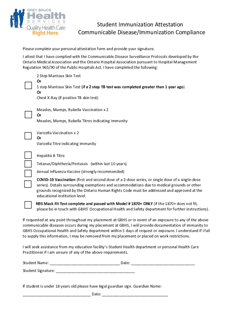 Fillable Online Student Immunization Attestation Communicable Disease