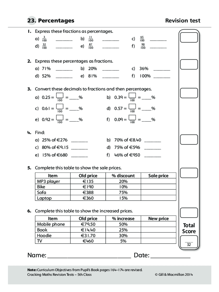Fillable Online decimal, percentage and fractions Flashcards Fax Email