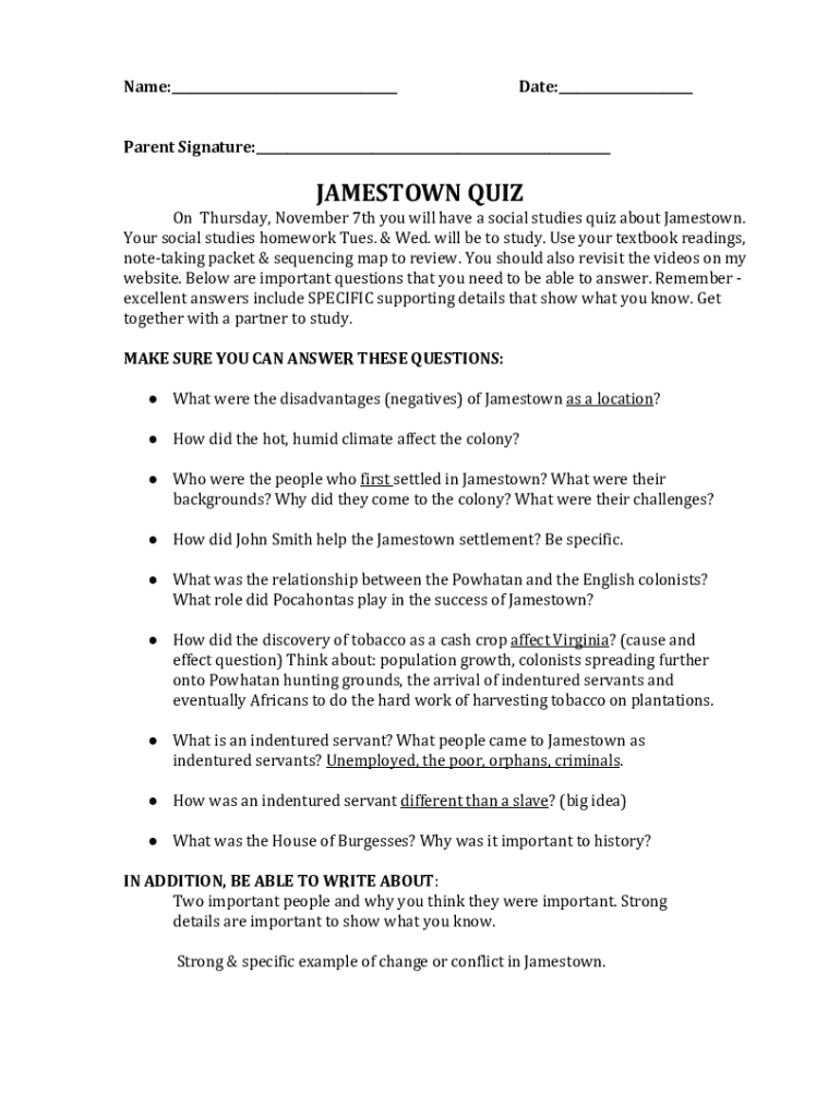 Fillable Online The Settlement of Jamestown Colony Quiz & Worksheet