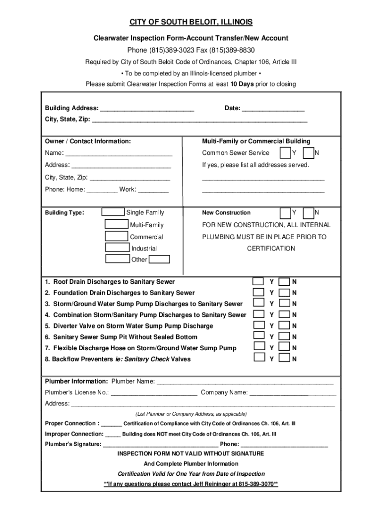 Fillable Online southbeloit Clearwater inspection Preview on Page 1