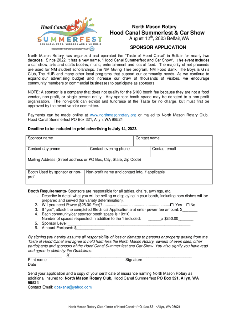 Fillable Online Hood Canal Summerfest North Mason Rotary Club Fax