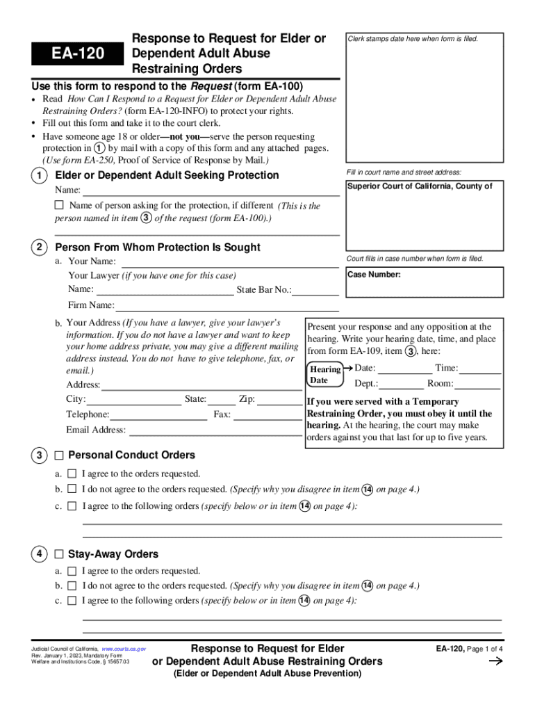 EA-120 Response to Request for Elder or Dependent Adult Abuse Restraining Orders Preview on Page 1