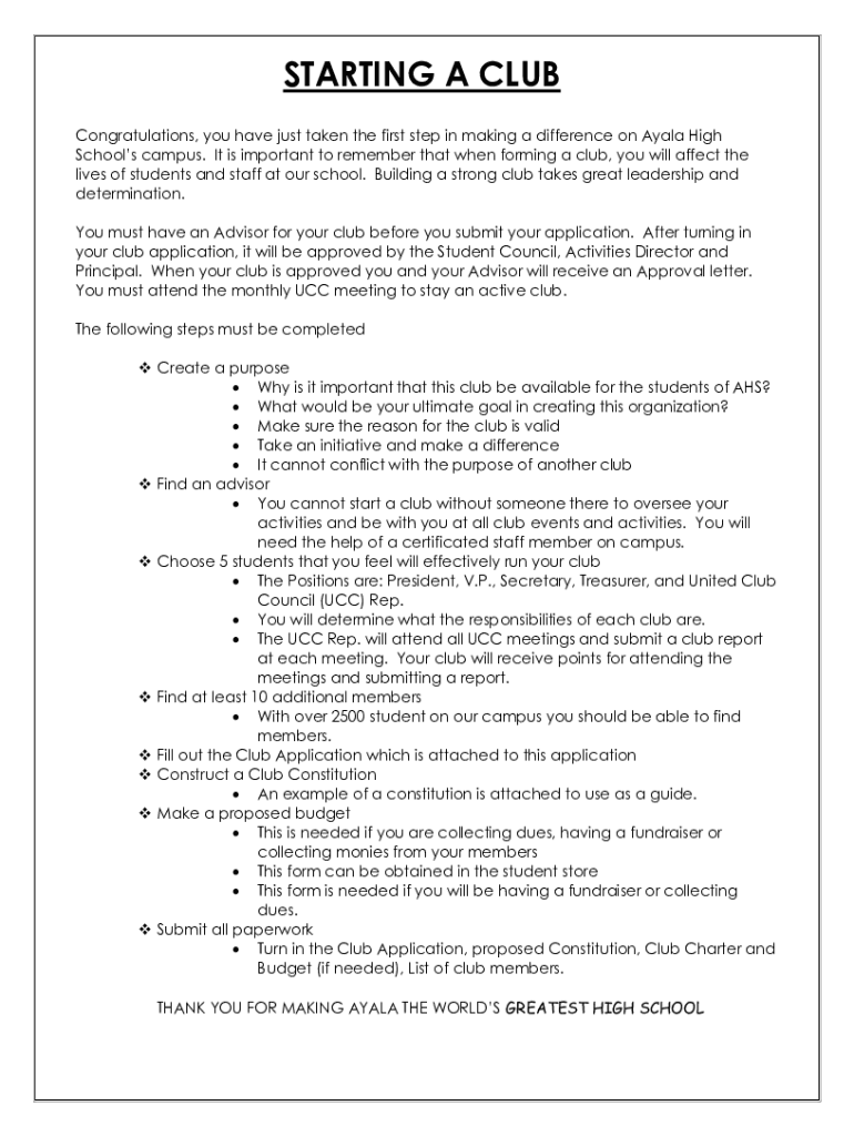 Fillable Online How to start a club at my school, and what should I do