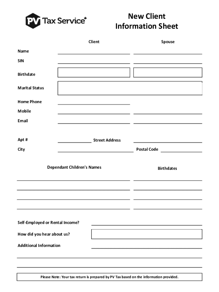 Fillable Online New Client Information Sheet PV Tax Service Fax Email