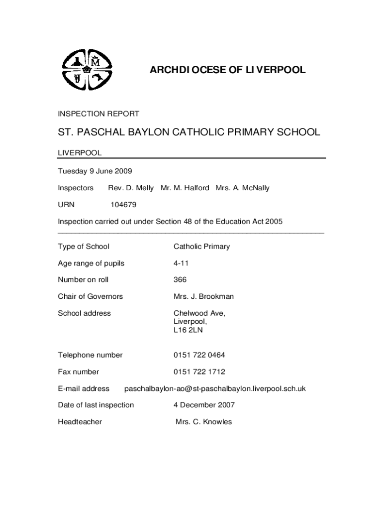 Fillable Online Inspections Report St Paschal Baylon Catholic Primary