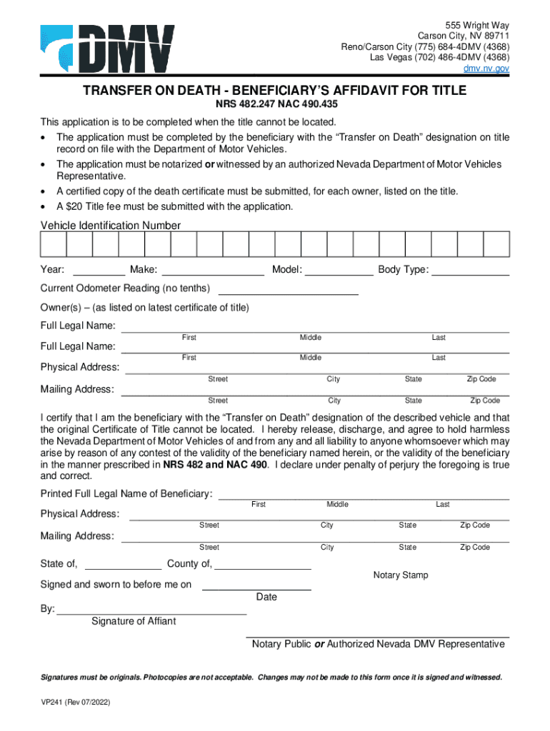 VP241 - Affidavit for Transfer on Death Beneficiary Preview on Page 1