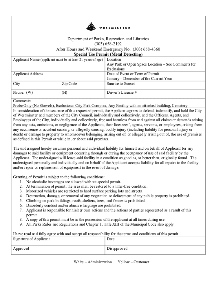 Fillable Online Special Use Permit Form (Metal Detector).doc Fax Email