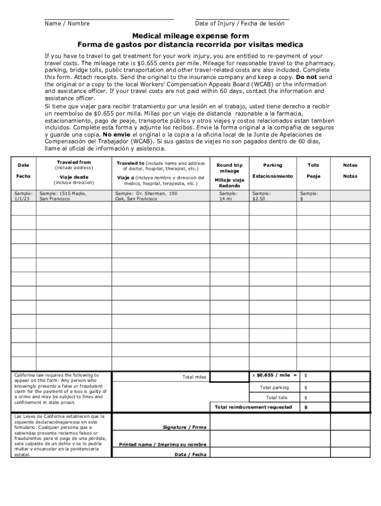 Completable En línea Medical Mileage Expense Form 012023 Fax Email