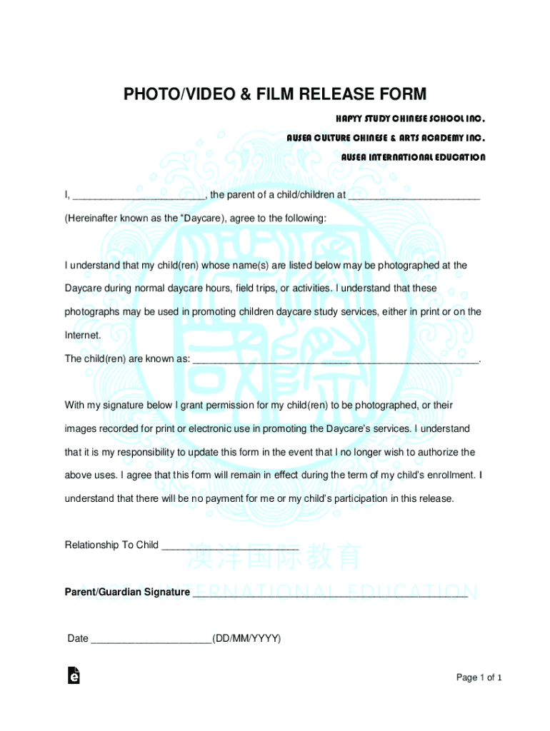 Fillable Online Free Daycare Photo Release Form Template &amp; Guide Fax ...