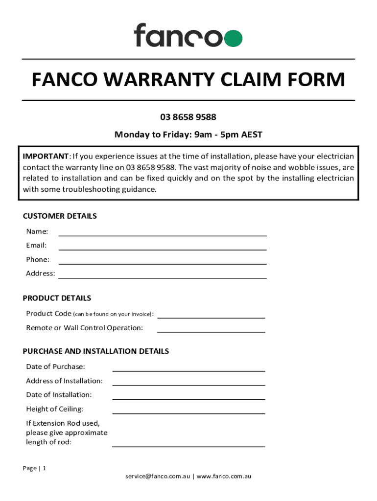 Fillable Online FANCO WARRANTY CLAIM FORM Fax Email Print pdfFiller
