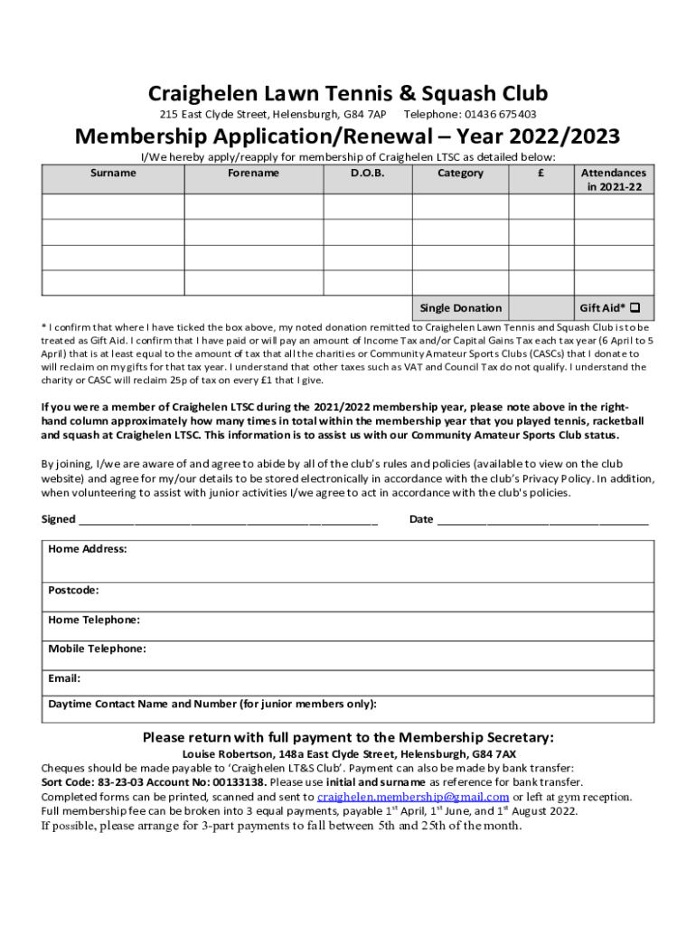 Fillable Online craighelen lawn tennis and squash club Companies