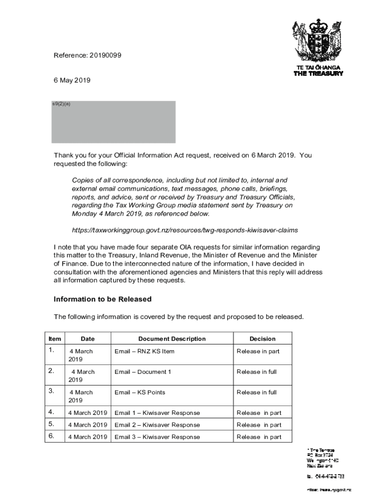 Fillable Online Official Information Act Response 20190099