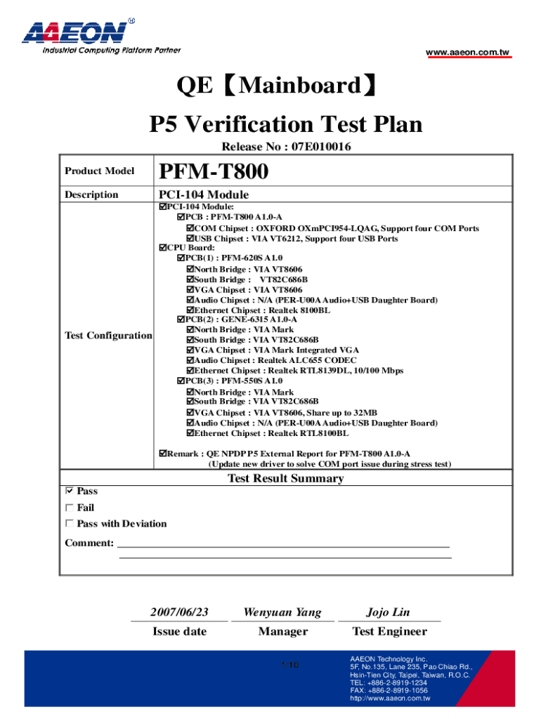 Fillable Online QE P5 Verification Test Plan Fax Email Print pdfFiller