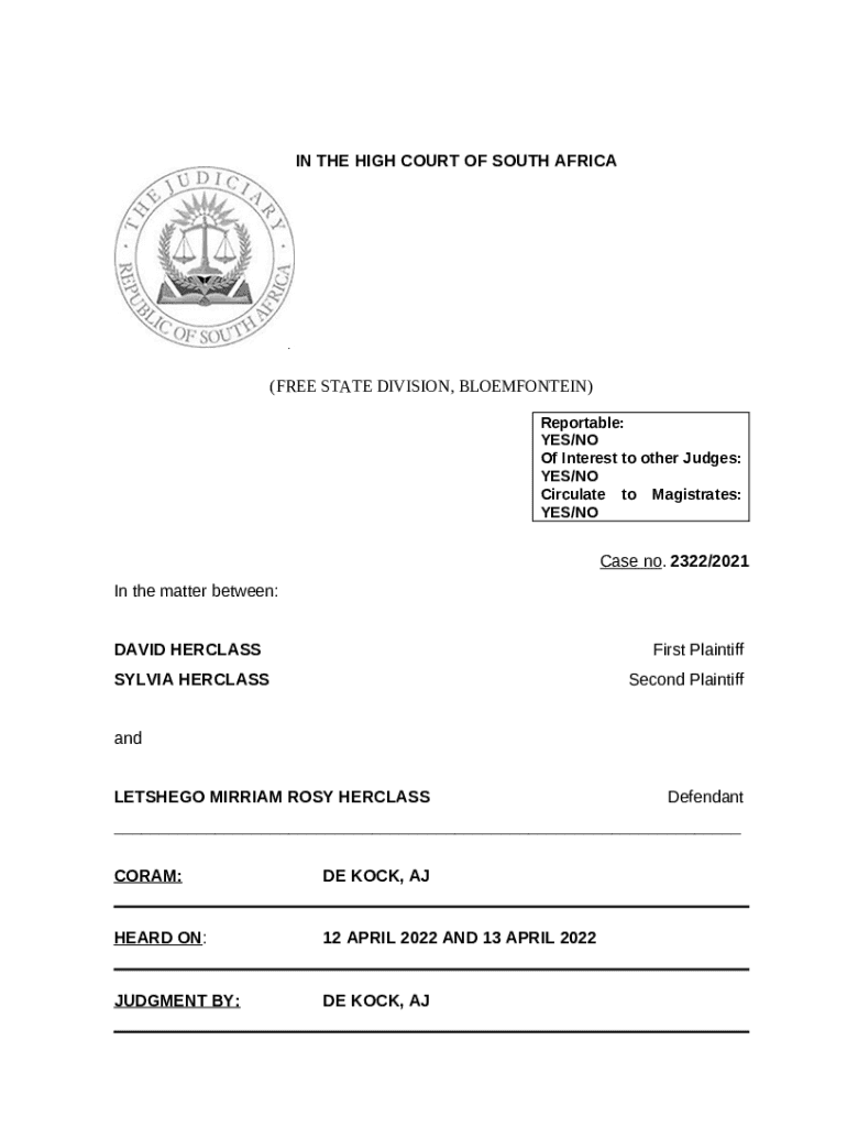 Fillable Online in the high court of south africa (free state division