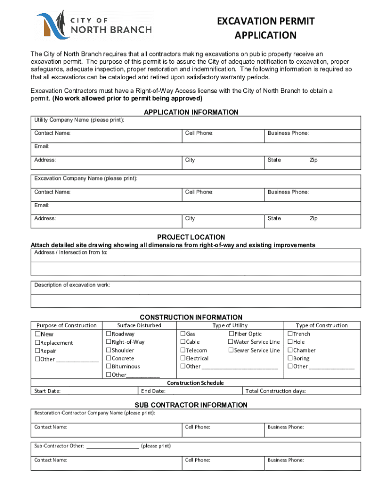 Fillable Online City of North Branch Excavation Permit Application Fax