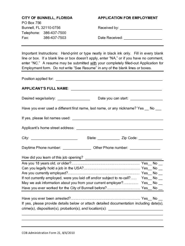 Fillable Online city of bunnell, florida application for employment Fax