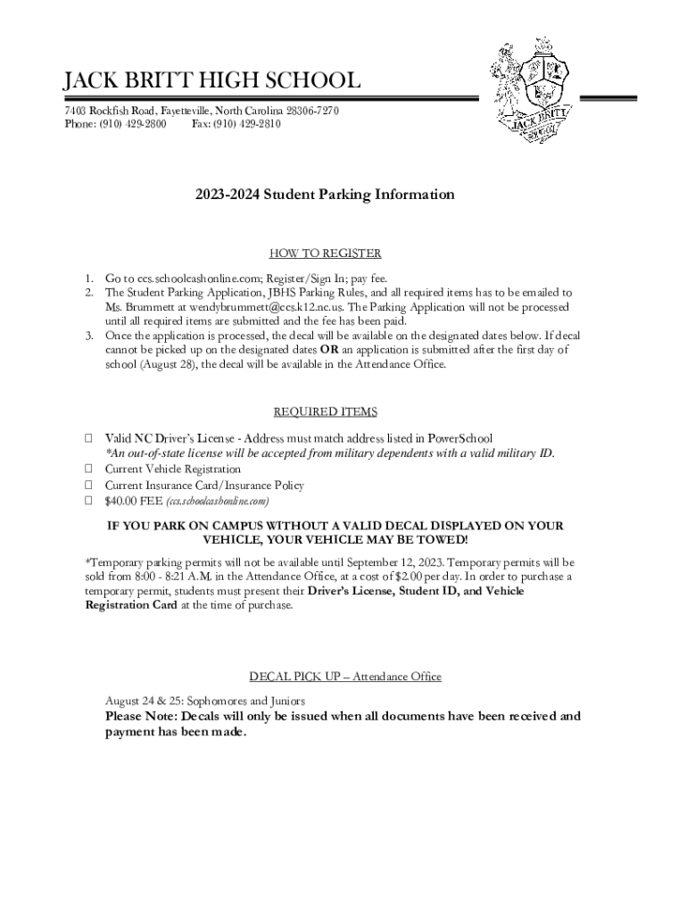 Fillable Online Jack Britt High School 7403 Rockfish Rd Fax Email