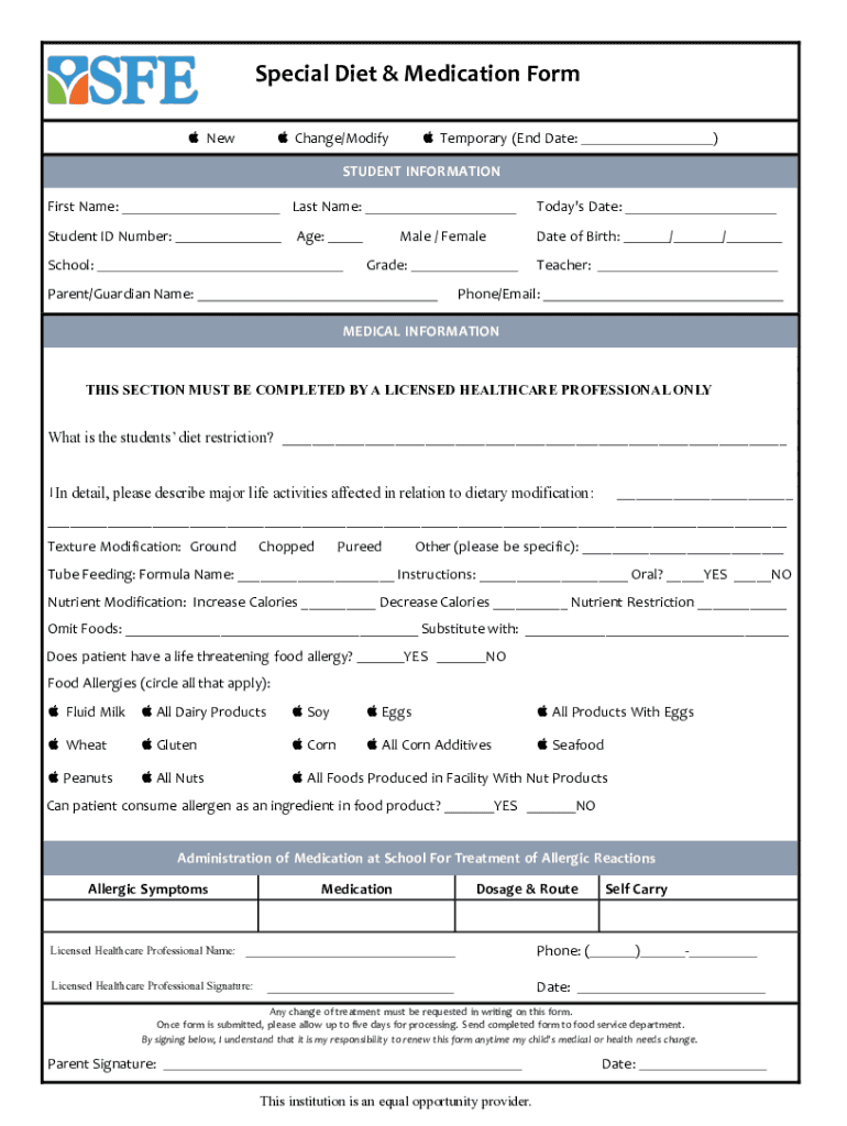 Fillable Online SFE Special Diet Form Fax Email Print pdfFiller