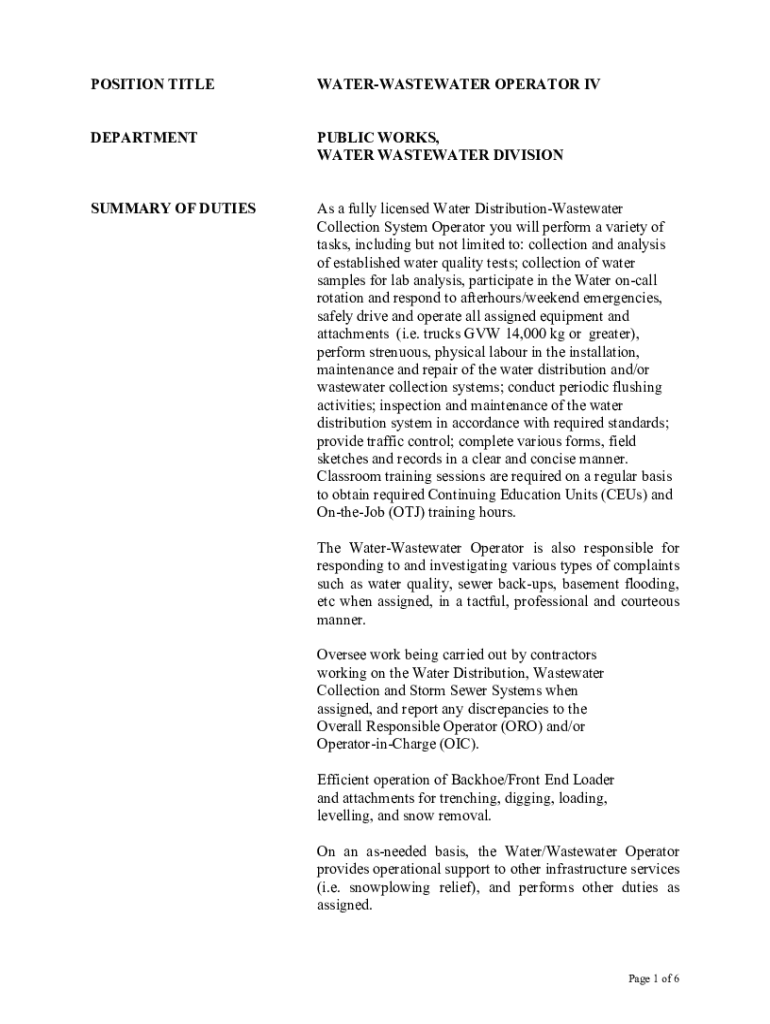 Fillable Online Water Treatment Specialist / Waste Water OperatorNC