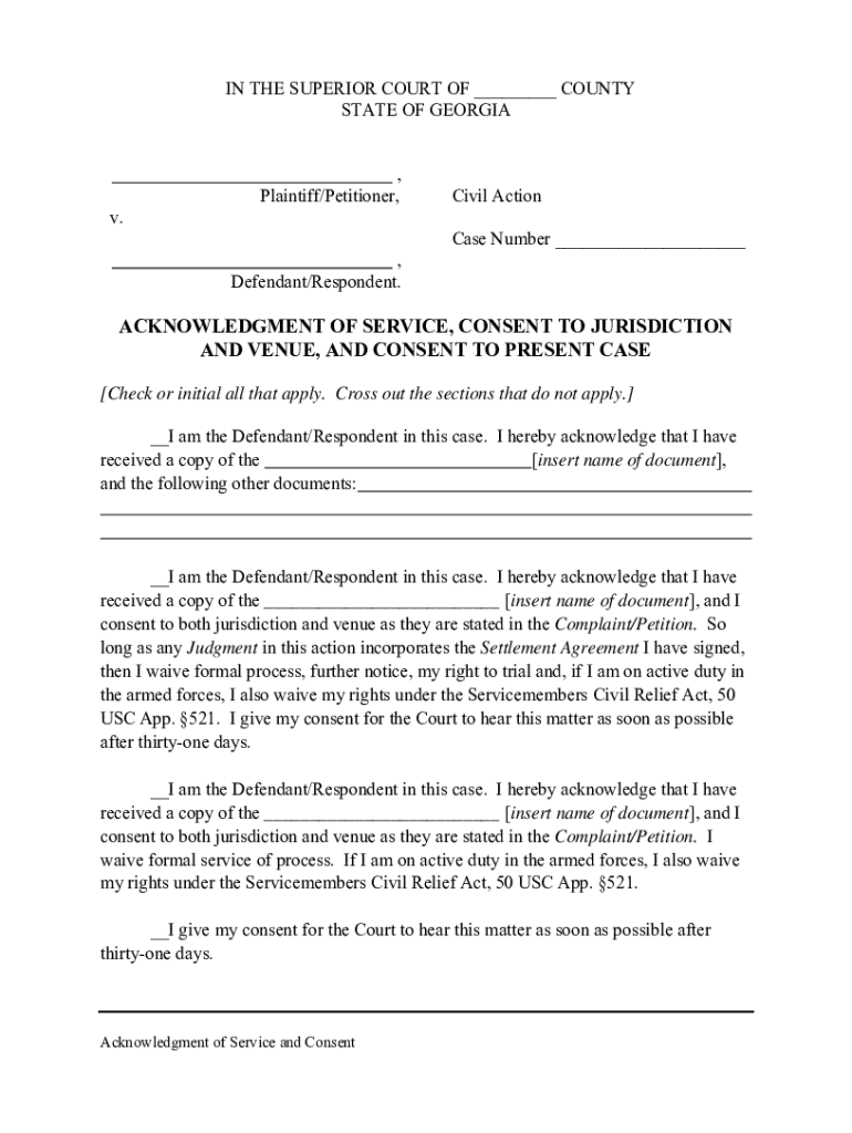 Fillable Online Acknowledgment of Service, Consent to Jurisdiction and