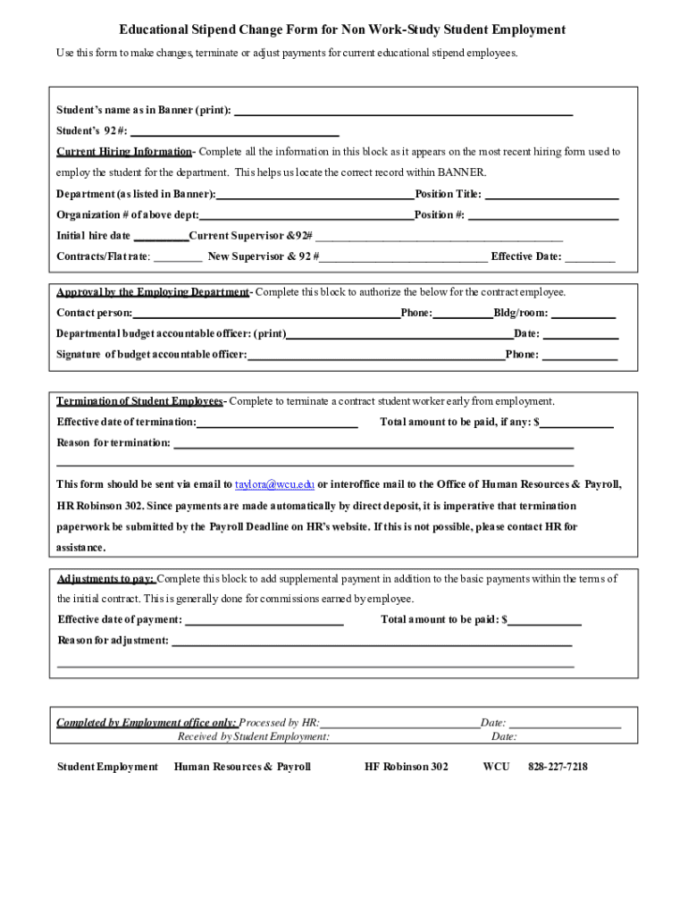 Fillable Online Educational Stipend Change Form for Non WorkStudy