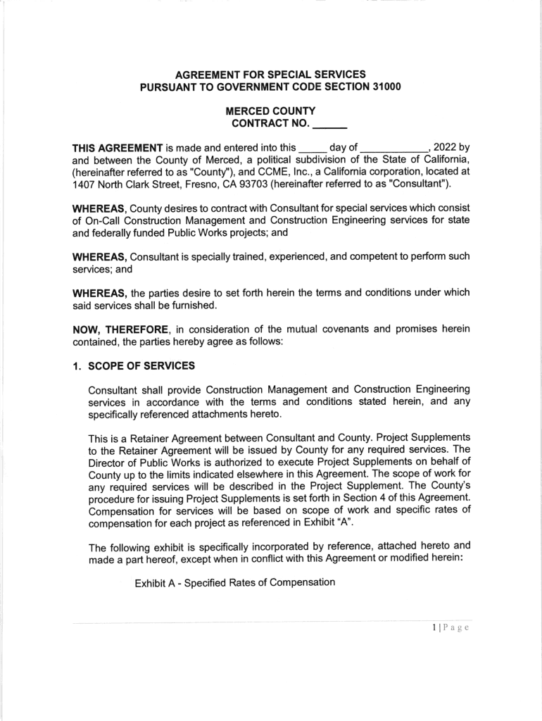 Fillable Online web2 co merced ca agreement for special services