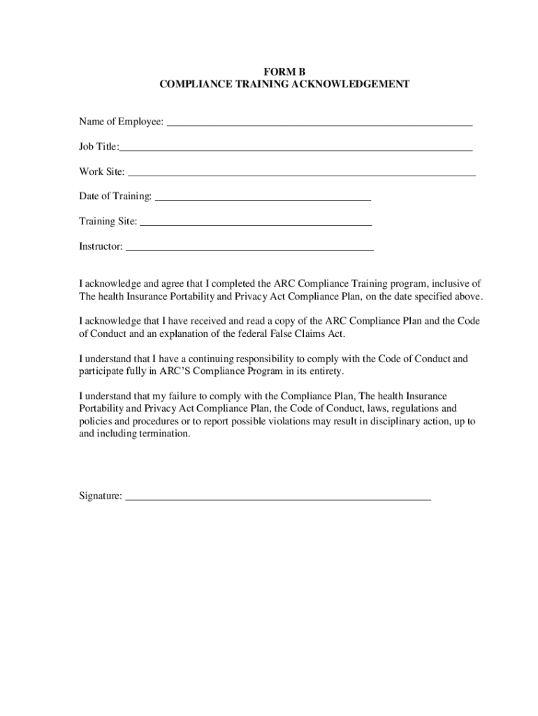 Fillable Online FORM B Compliance Training Acknowledgement Fax Email ...