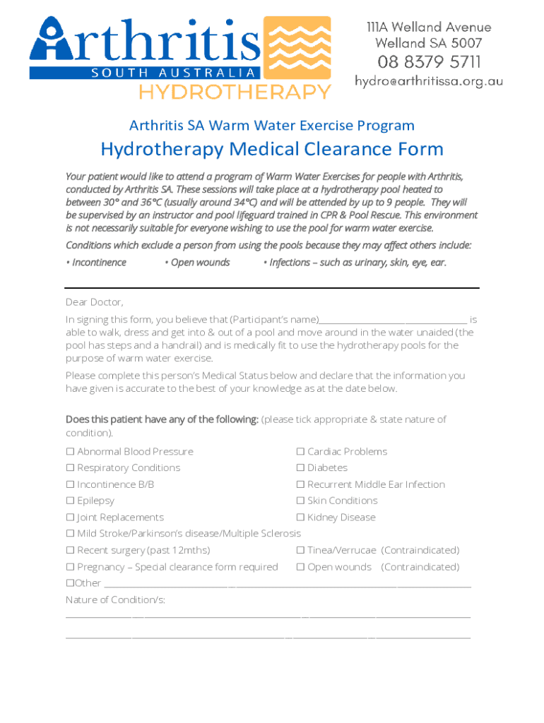 Fillable Online Hydrotherapy Medical Clearance Form Arthritis SA Fax