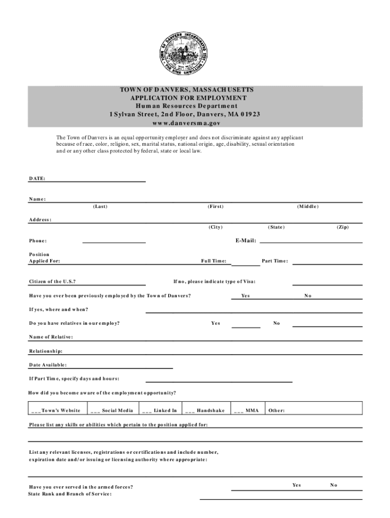 Fillable Online Town of Danvers, Massachusetts Application for