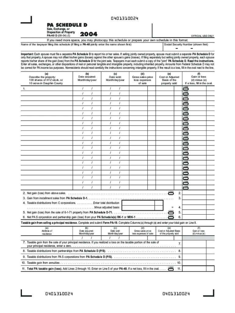 Fillable Online 2004 PA Schedule D (PA40 D). Forms/Publications Fax