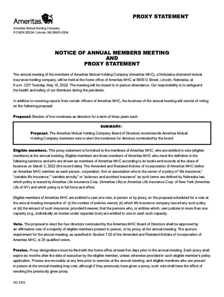 AMERITAS MUTUAL HOLDING COMPANY NOTICE OF Preview on Page 1