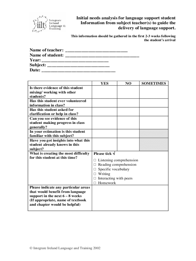 Fillable Online Initial needs analysis for language support student ...